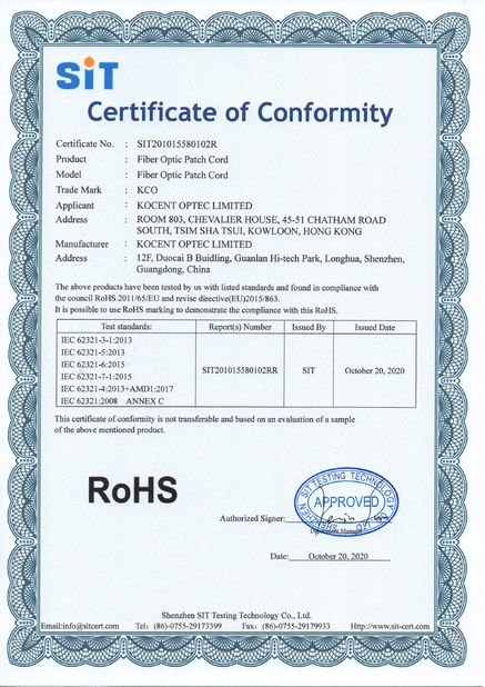 Porcellana KOCENT OPTEC LIMITED Certificazioni